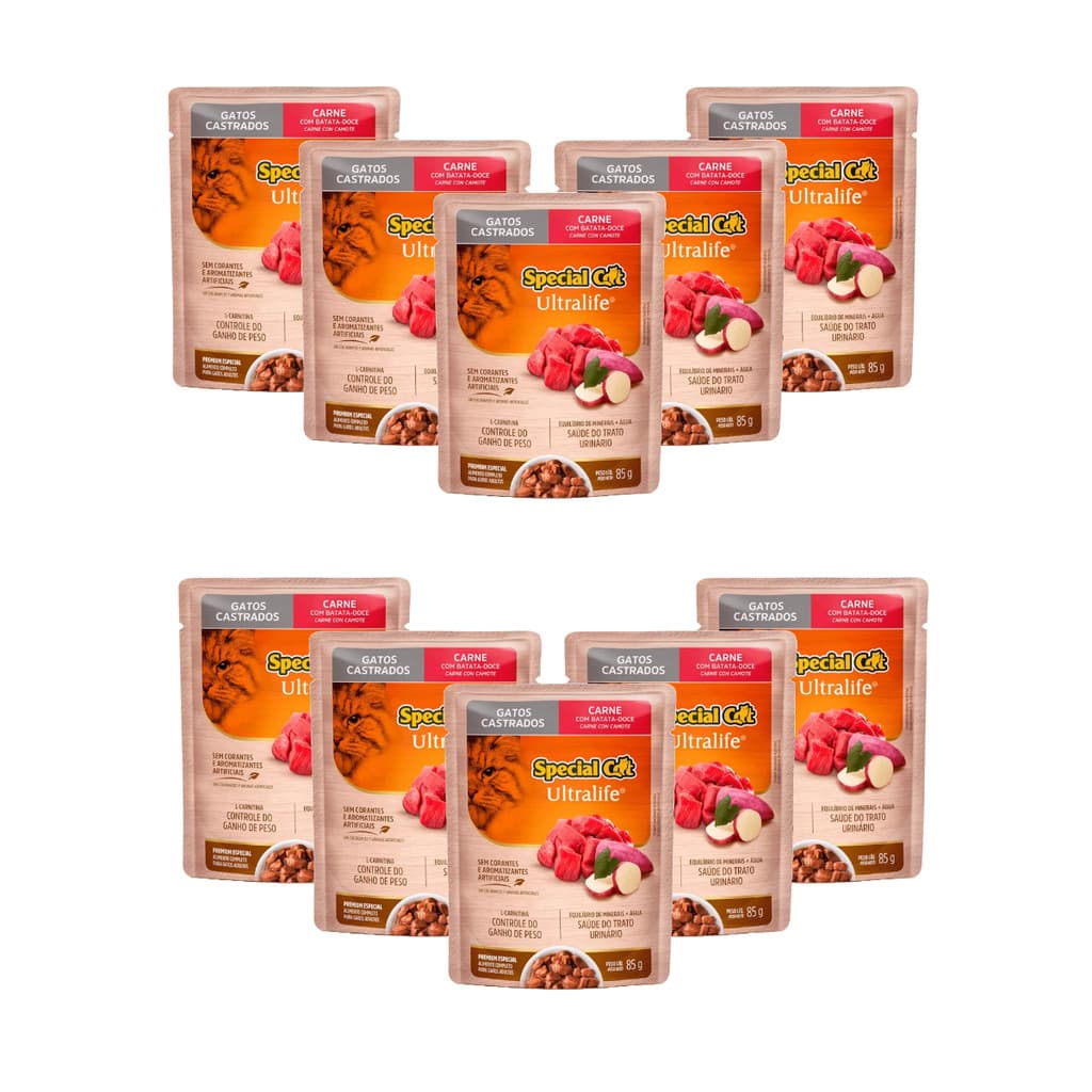 KIT 10 SPECIAL CAT SACHÊ GATO ADULTO CASTRADO CARNE 85GR