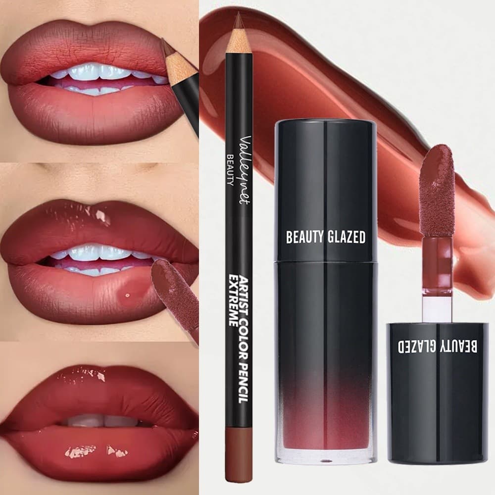 Conjunto De Lábios De Maquiagem Baratos De Veludo 2 Peças : Forro + Esmalte , Fosco À Prova D'água , Vermelho/Marrom , E