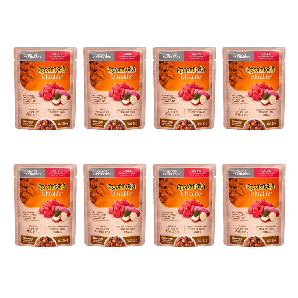 KIT 8 SPECIAL CAT SACHÊ GATO ADULTO CASTRADO CARNE 85GR