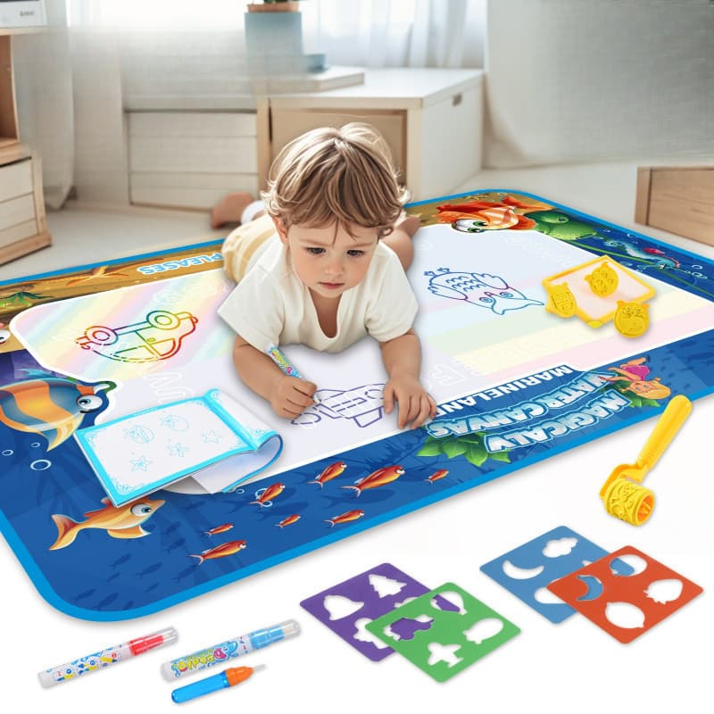 Tapete Mágico Água 100x150cm + 3 Canetas 8 Carimbos Brinquedo Educativo Sem Sujeira Presente Kids