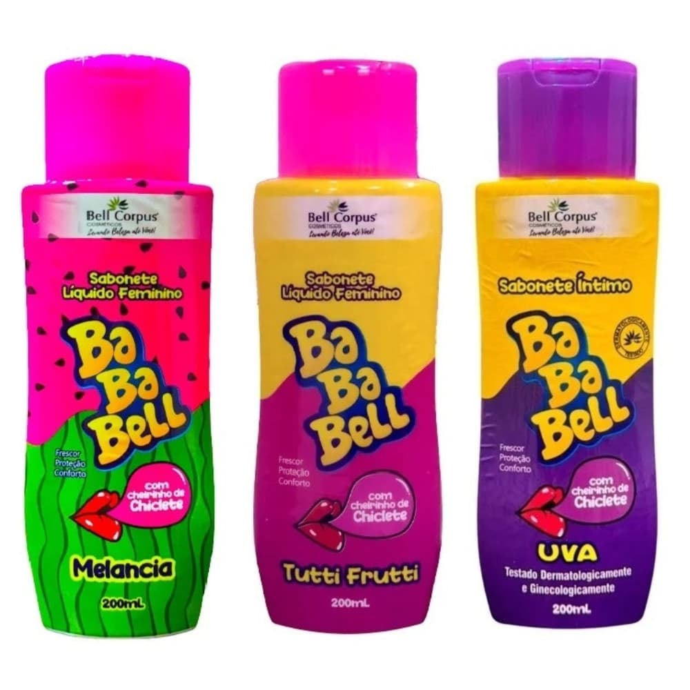Kit 3 Sabonete Liquido Intimo Baba Bell Chiclete Tutti Frutti Uva e Melancia Higiene Íntima