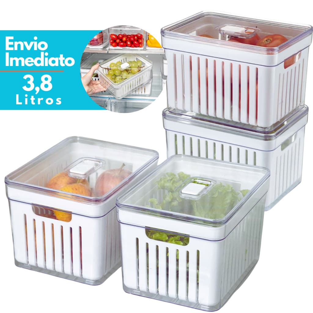 Kit 1- 4 Organizador de Geladeira 3,8 Litros Cesto Com Tampa Alimentos Verduras Potes de Salada Premium