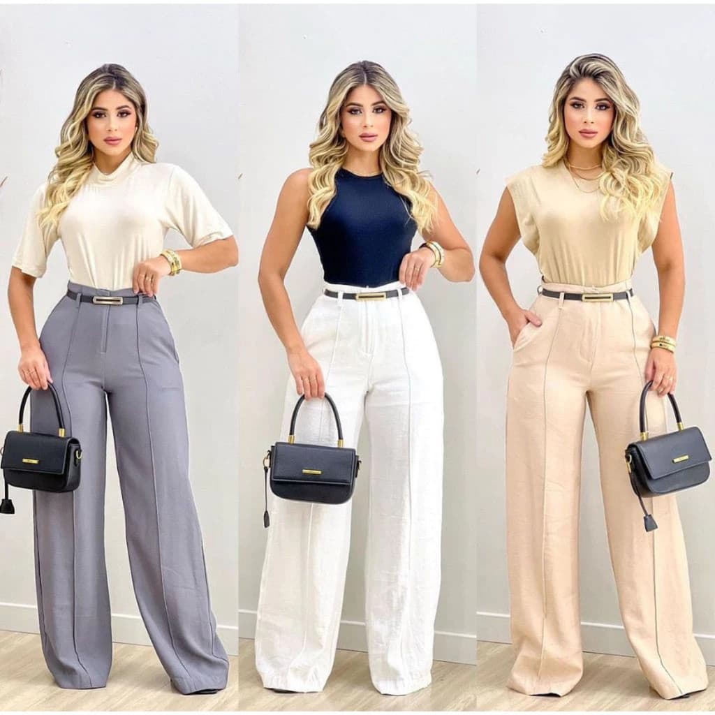 Calça Pantalona Alfaiataria Premium Cintura Alta Com Bolso Com Cinto PROMOÇÃO