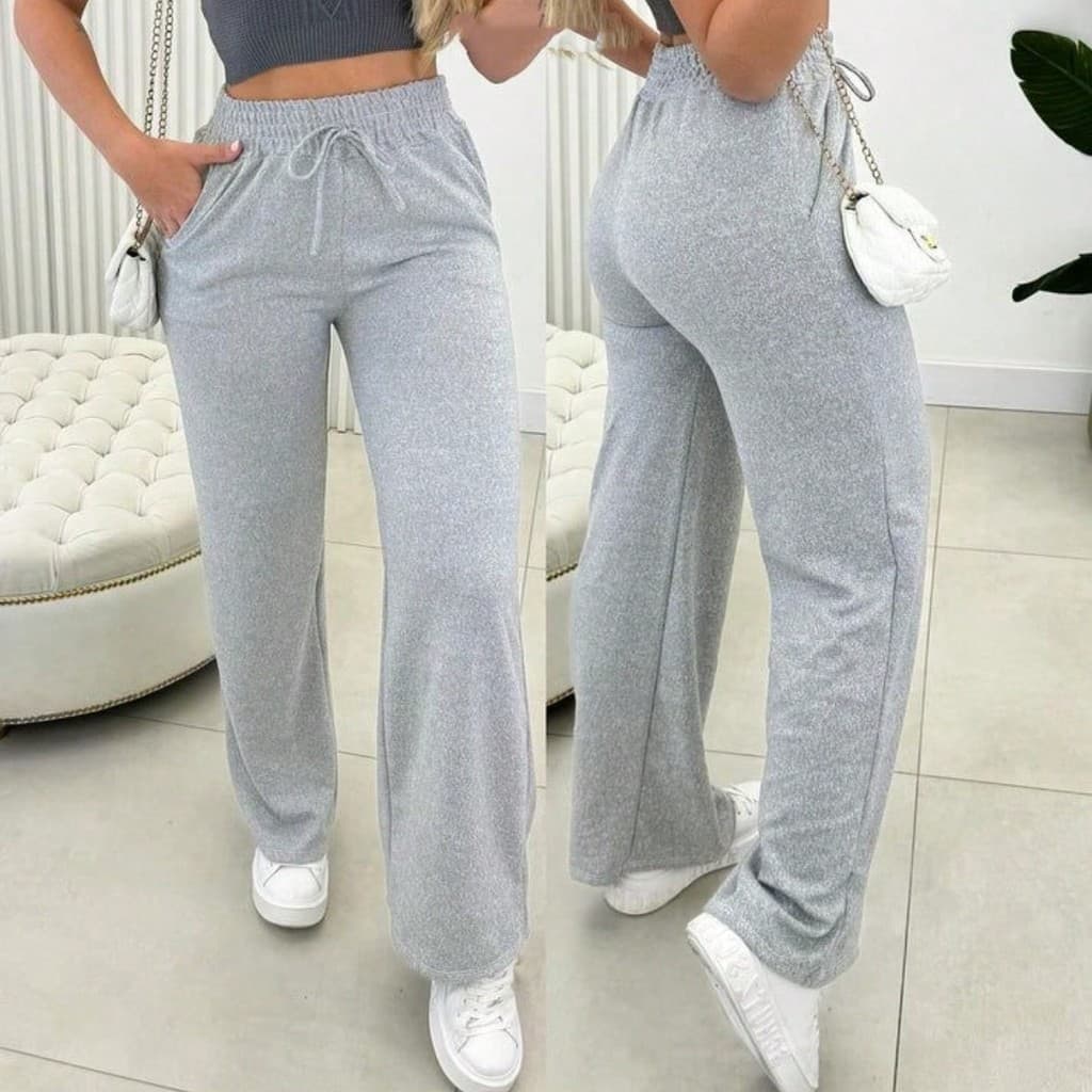 Calça Pantalona Lanzinha Feminina Cintura Alta Com Elastico De e Bolso Outono / Inverno Promoção