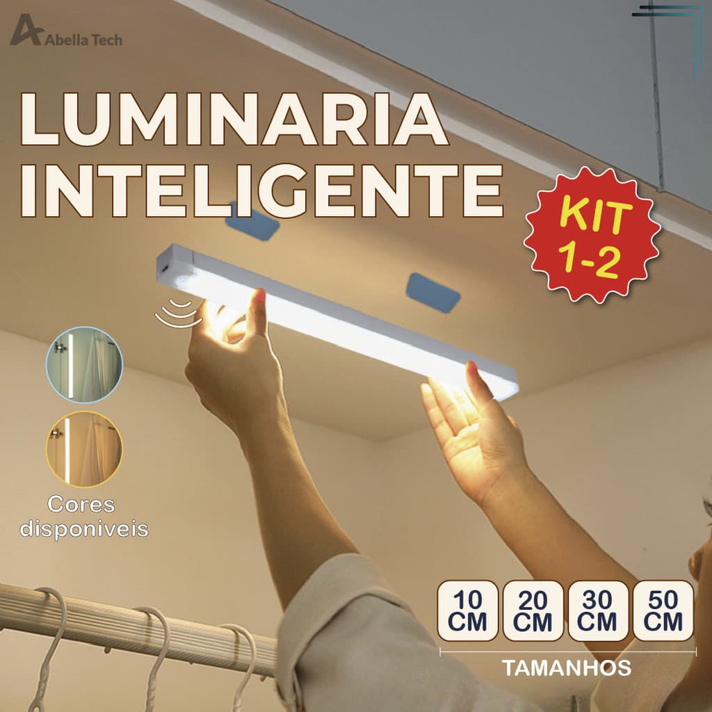 Smart Luminária Inteligente Ultra LED com sensor de movimento sem fio e Recarregável USB fino barra 10/20/30/50cm