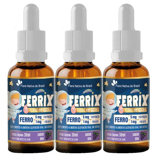 Ferro Em Gotas Ferrix Kids 3 X 30ml Flora Nativa Sabor Uva