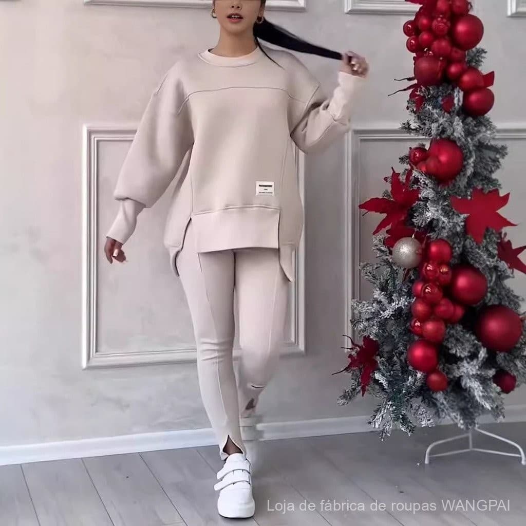 Conjuntos de manga longa em torno do pescoço impresso moletom e leggings