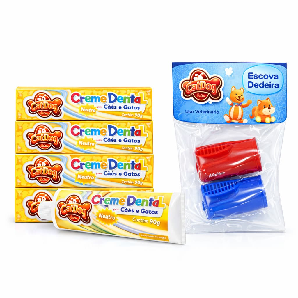 Kit Creme Dental e 2 Escovas de Dente Pet Dedeira Macia Anti-Tártaro Higiene Cachorro Gato Promoção