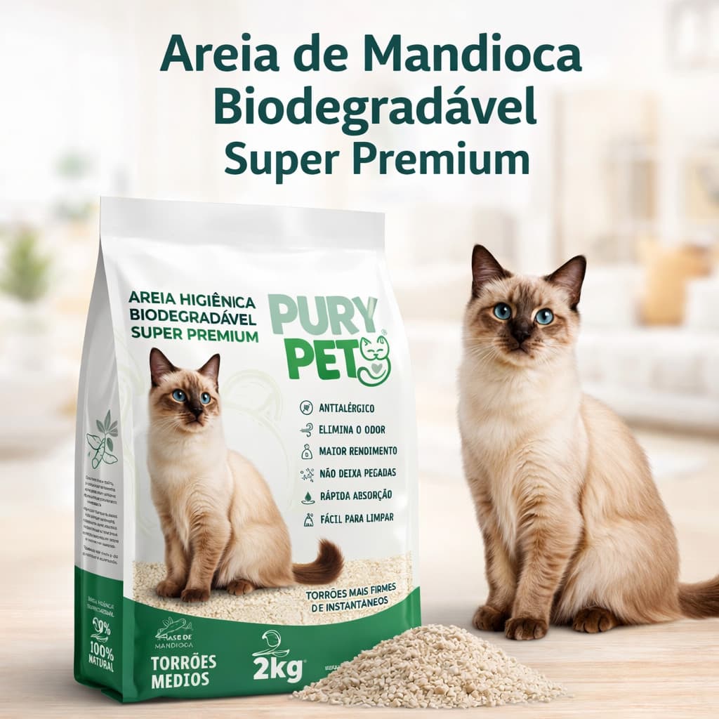 Areia Higiênica Biodegradável Gato 4kg Pury Pet | Natural Mandioca Aglomerante Elimina Odor