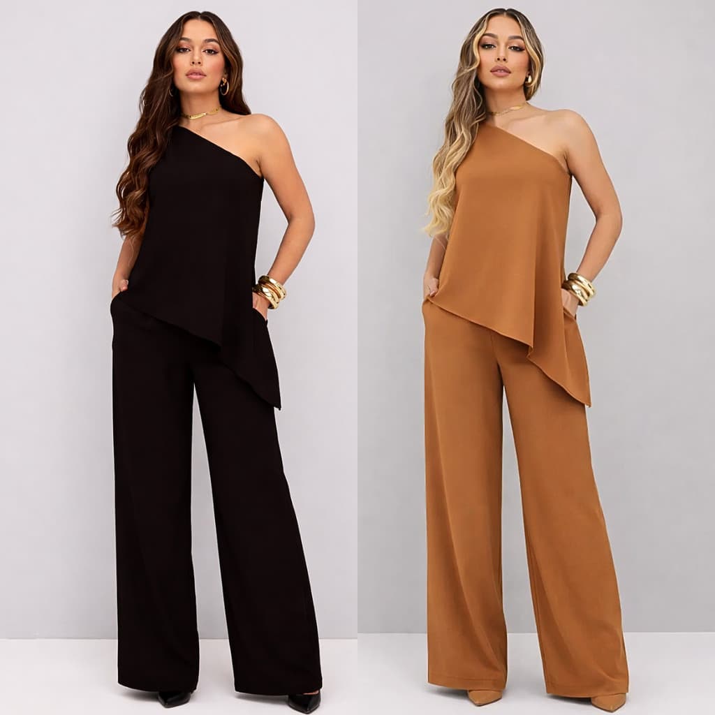 Conjunto Feminino Uma Alça Social Duna Mulher Elegante Blusa Nula Manga Calça Pantalona Alfaiataria Moda Verão Promoção