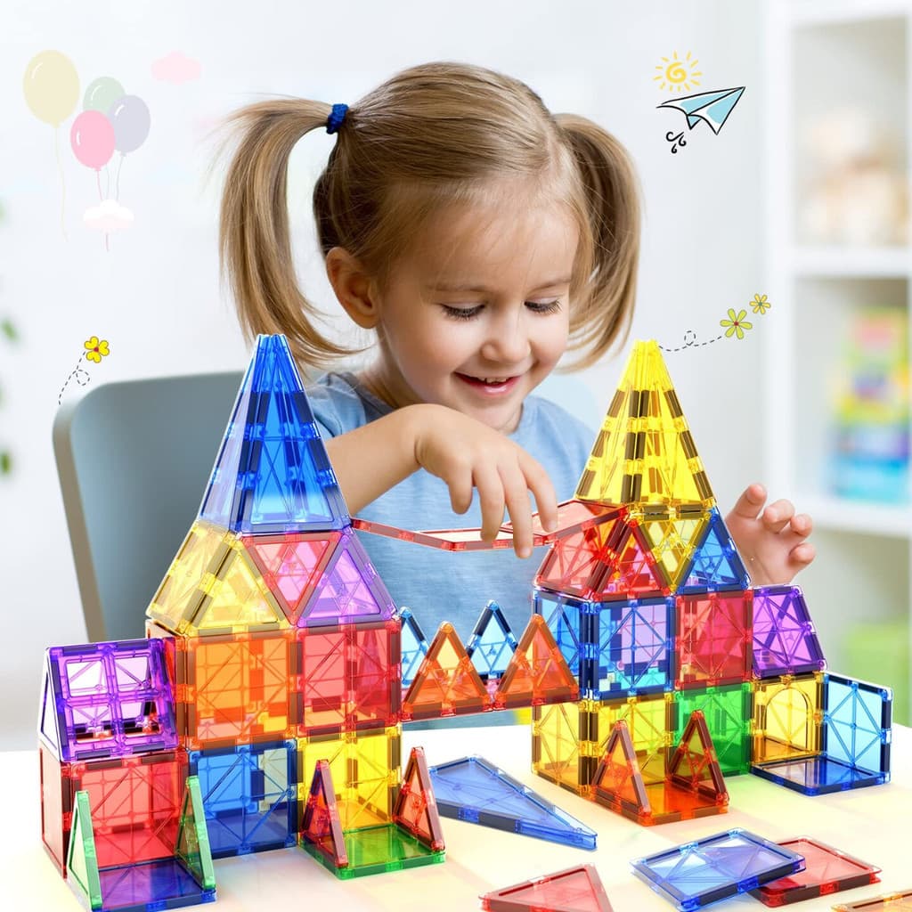 Conjunto de Construção Magnética 100 Peças Brinquedo Educativo com Formas Coloridas A partir 3 anos