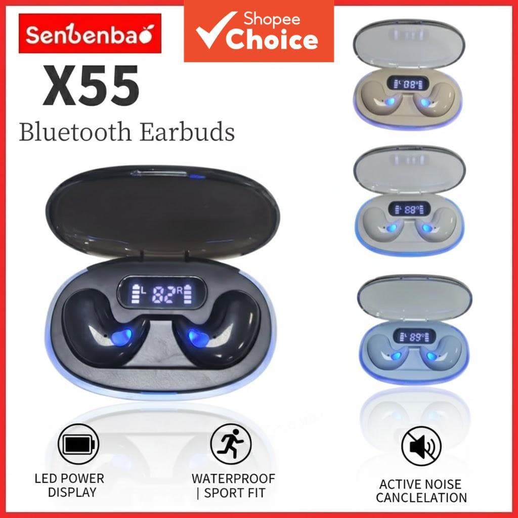 Senbenbao X55 Fones De Ouvido TWS Sleep Fone Sem Fio Bluetooth Display Led Hifi Estéreo Cancelamento De Ruído Esportivo