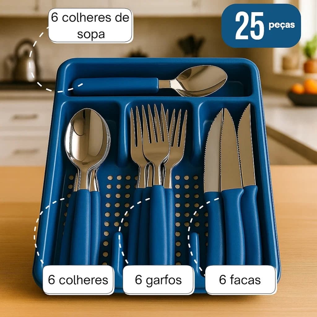 Kit Jogo Inox de Talheres 24 Pecas Com Brinde Suporte Gaveteiro Premium Talher Sortido