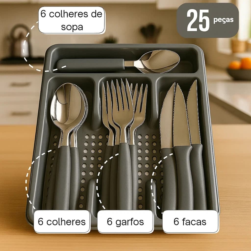 Kit Jogo de Talheres Inox 24 Pecas Com Brinde Suporte Gaveteiro Premium Brinde Talher Sortido