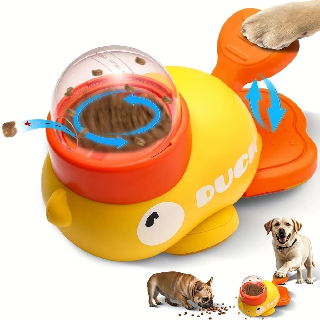 Dispensador Interativo Comida Pets Em Forma De Pato Amarelo, Brinquedo Automático Para Cães E Gatos