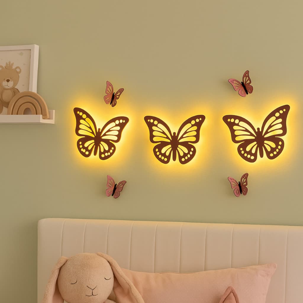 Luminária de Parede Borboleta com LED – Kit 7 Peças Decorativas em MDF para Quarto Infantil, Bebê