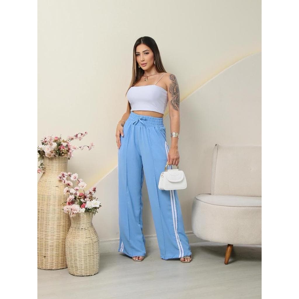 Calça Pantalona listras azuis laterais
