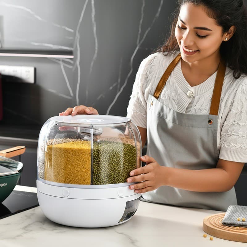 Caixa giratória de armazenamento de dispensador de cereais para grãos, arroz, farinha e feijão