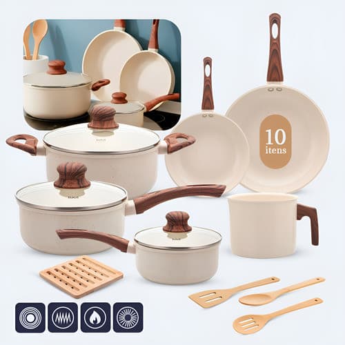 Jogo De Panelas Induçao Antiaderente Cerâmica 10 Peças Ppg  Pfoa Free Vanila Premium