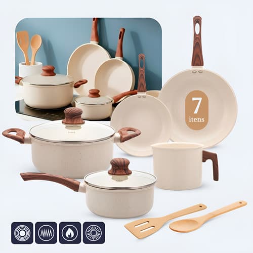 Jogo De Panelas Inducao 3x Mais Antiaderente Cerâmica 7peças  Livre De Pfoa Vanila Premium
