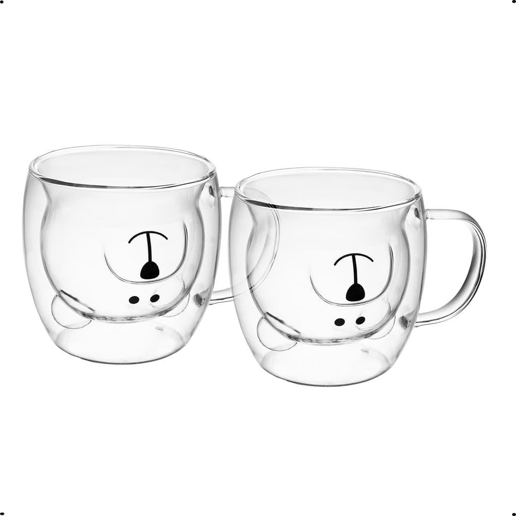 Conjunto 2 Xícaras urso com Parede Dupla Vidro Borossilicato Bear 250ml Wolff