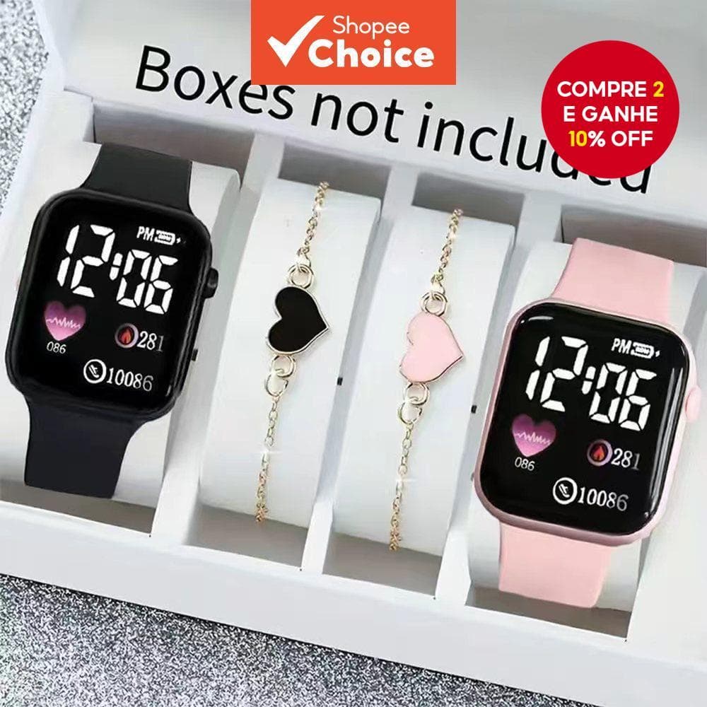 Conjunto De Relógio Digital Elegante , 4 Unidades , Caixa Quadrada , Pulseiras De Coração Para Mulheres , Presente De Na