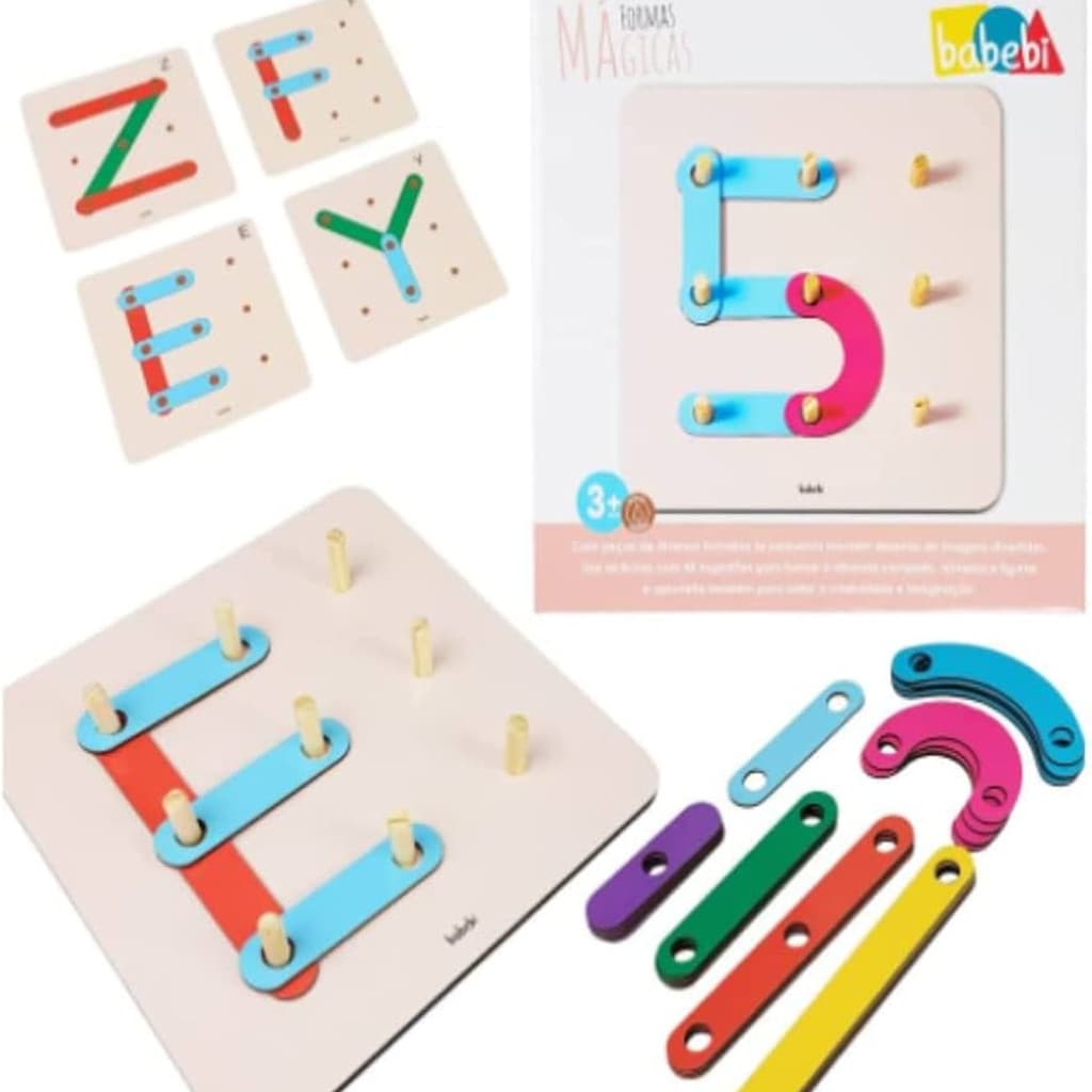 Brinquedo educativo formas mágicas em madeira com letras números coordenação motora infantil 3 anos+