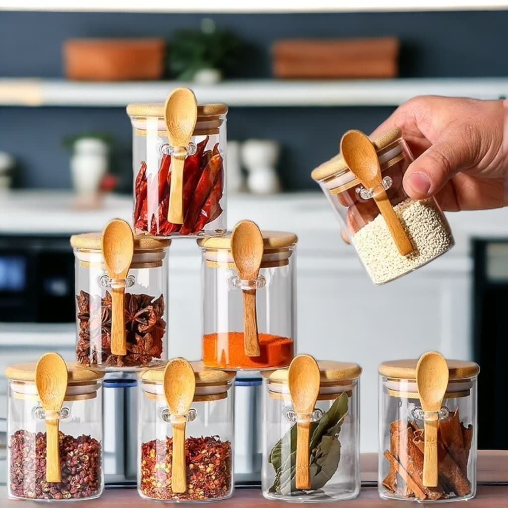 Kit Potes de Vidro Tampa Hermética e Colher de Bambu 245ml