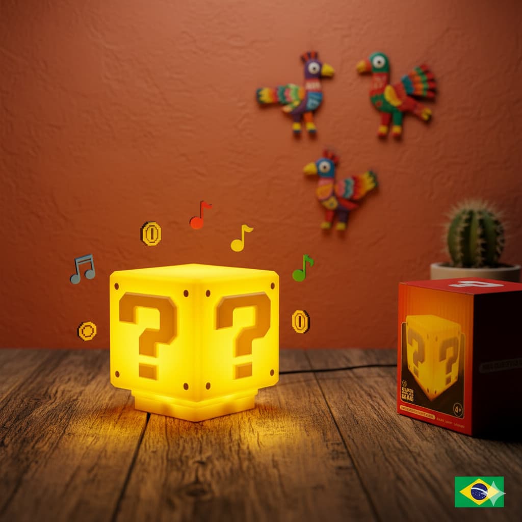 Luminária Super Mario Bros Cubo Bloco Gamer Com Som Para Quarto Abajur De Cabeceira Mesa