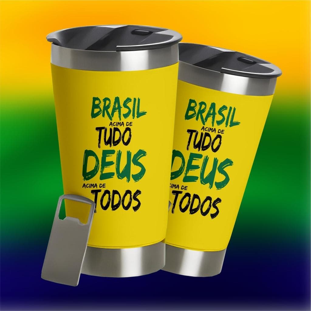 Copo Térmico Patriota Brasil 473ml Com Abridor Amarelo