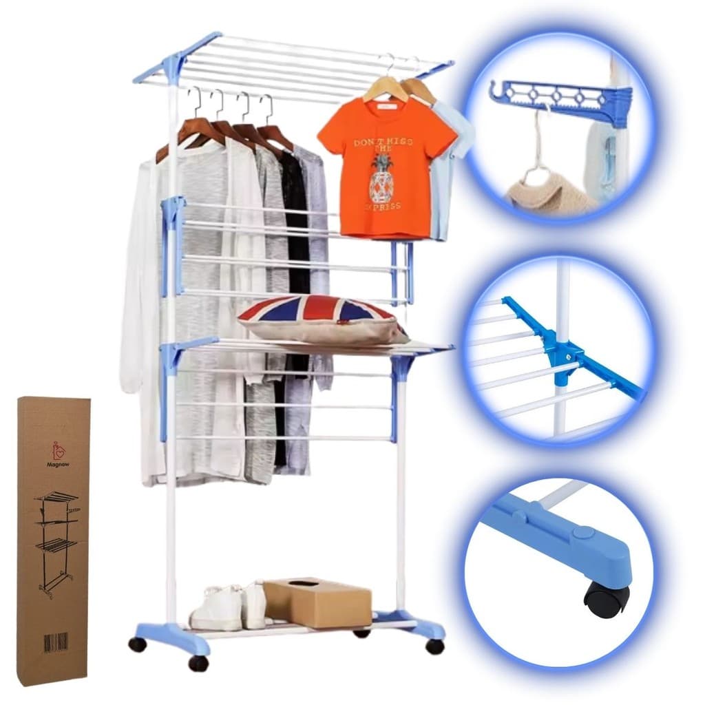 Varal Magnow Reforçado 3 Andares Dobrável Com Rodas p/ 10Kg