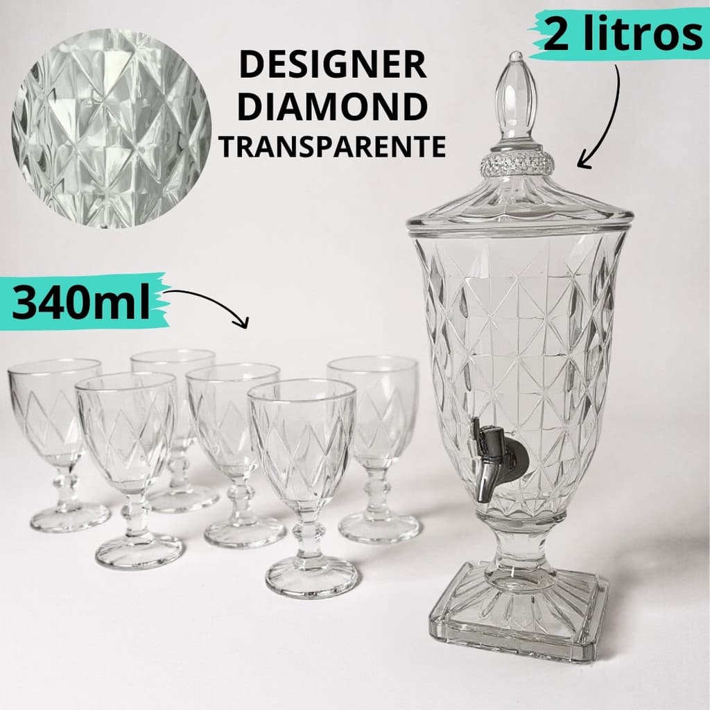 Suqueira de Vidro 2 litros ou 6 Taças de Vidro 340ml ou Kit taça + Suqueira Ideal Para Sucos Drinks