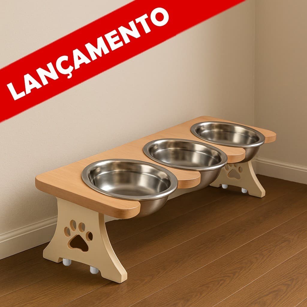 COMEDOURO EM INOX TRIPLO PARA GATOS OU CACHORROS PEQUENOS