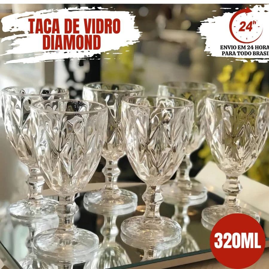 Jogo 6 Taça Diamante Copo Vidro Transparente Taças Abacaxi Gourmet Bico De Jaca 320ml