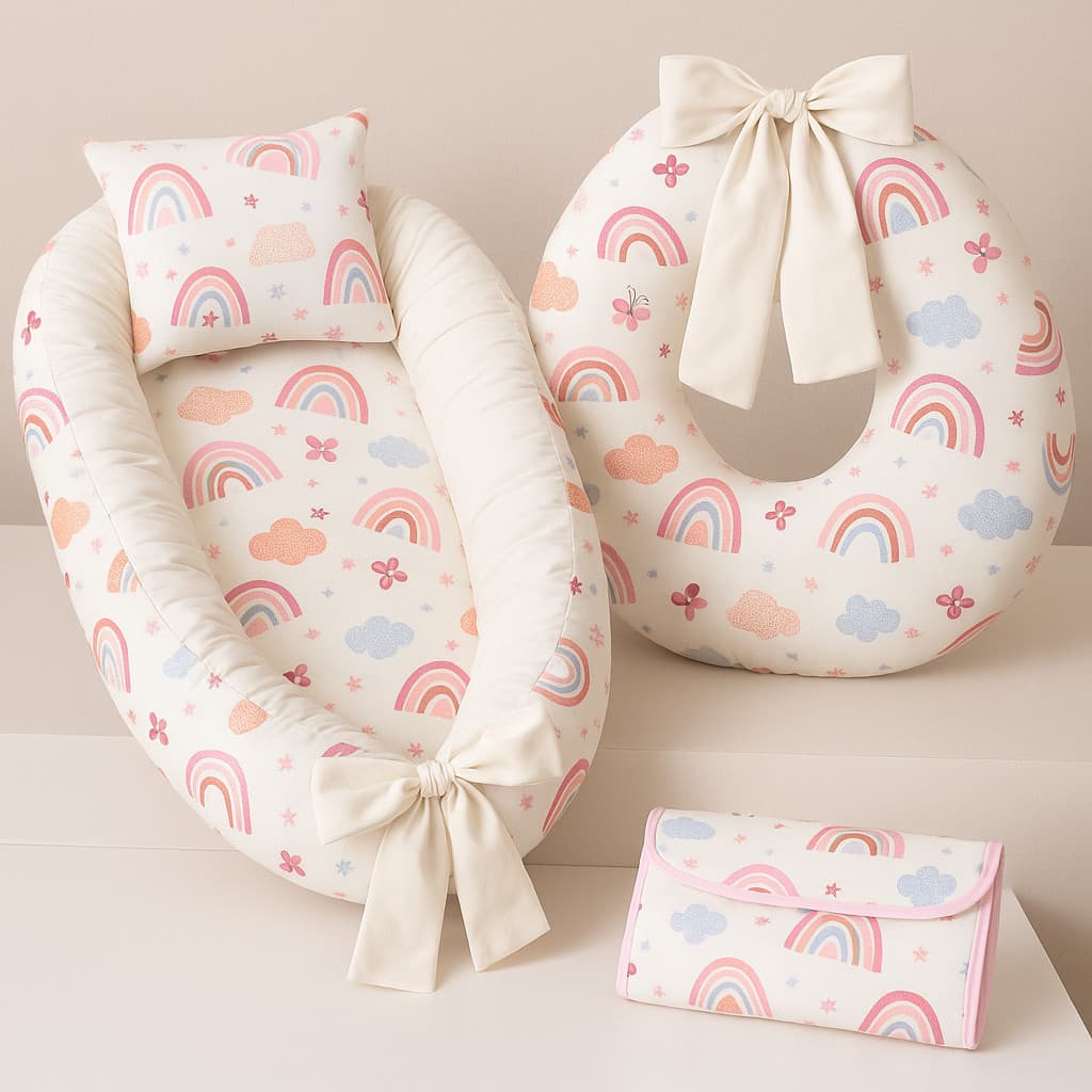 Kit enxoval de bebê –Almofada de Amamentação + Ninho Redutor de Berço + Trocador Portátil Estampado