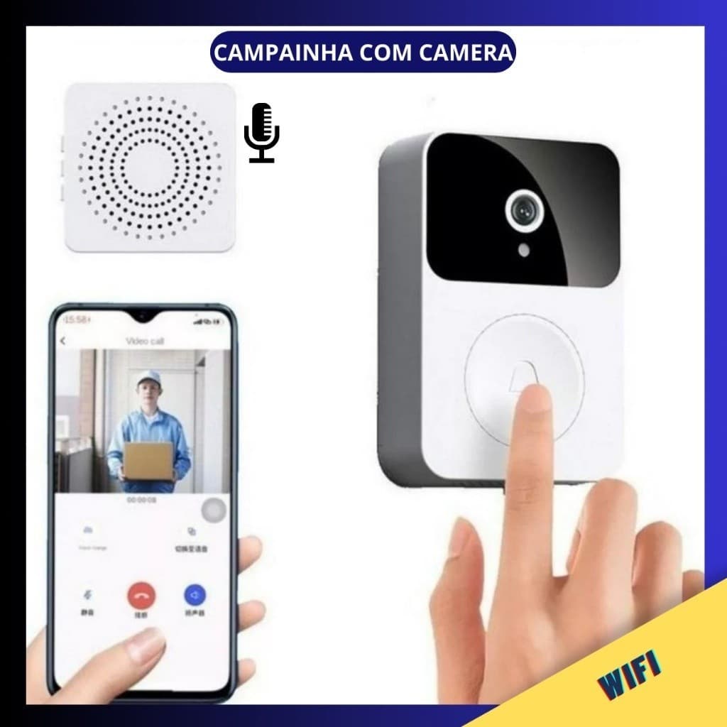 Campainha Com Câmera Vídeo Porteiro Sem Fio Wi-Fi HD Inteligente Smart Home Vê Pelo Celular -bombara