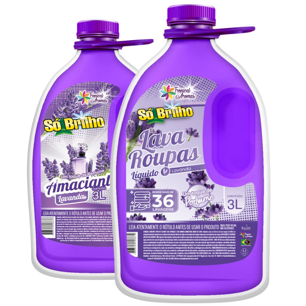 Kit Lavanderia Sabão Lava Roupas + Amaciante Lavanda 3L Rende + 36 Lavagens Só Brilho