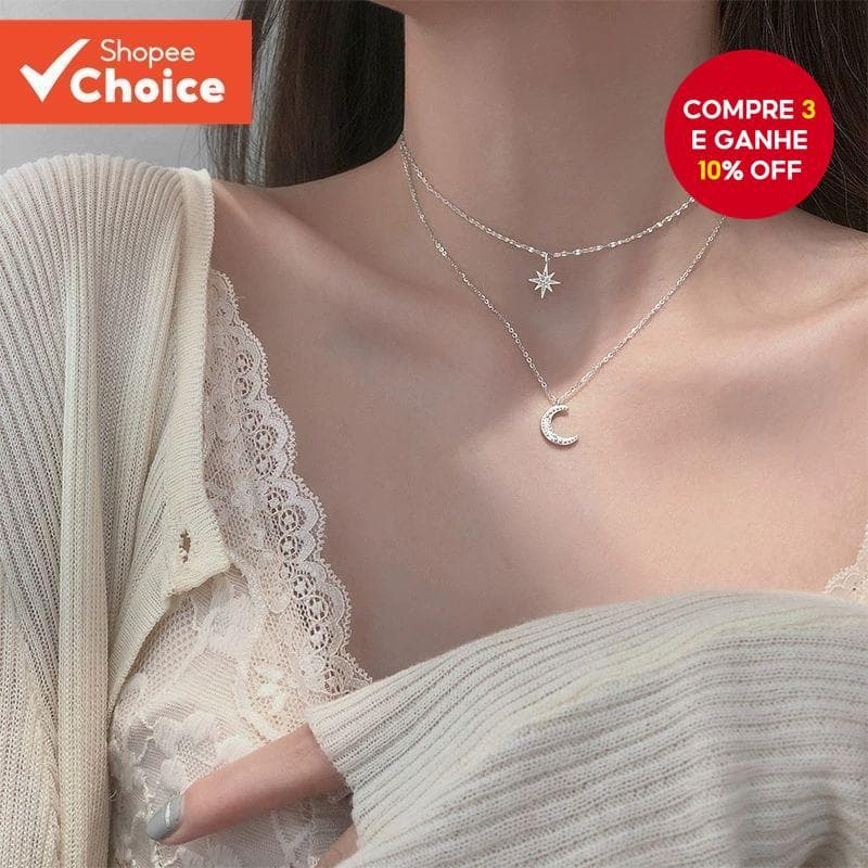 Colar De Lua Estrela De Prata Para Mulheres – Corrente De Clavícula De Camada Dupla Com Pingente De Brilho Moderno