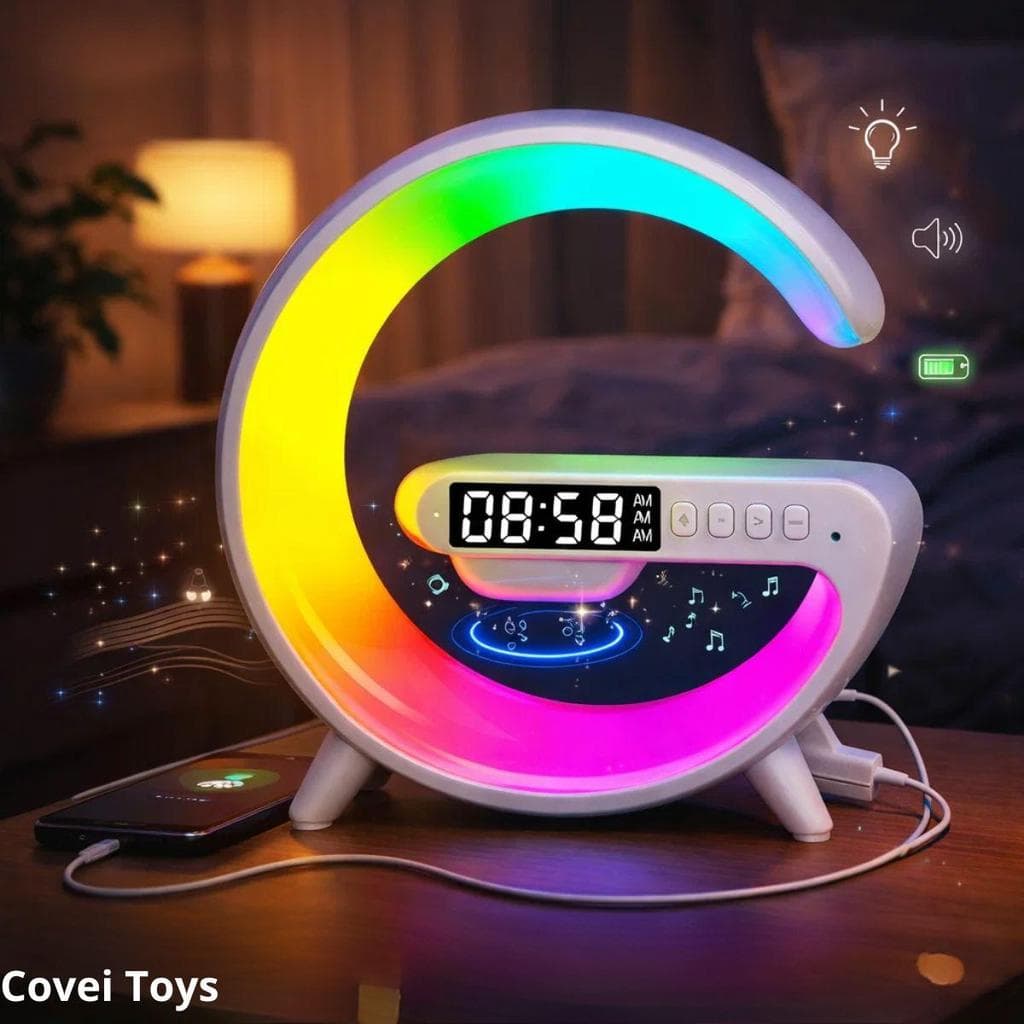 Luminária Despertador Com Luz Led Bluetooth Caixa  Som Relógio Digital  Carregamento Indução Abajur
