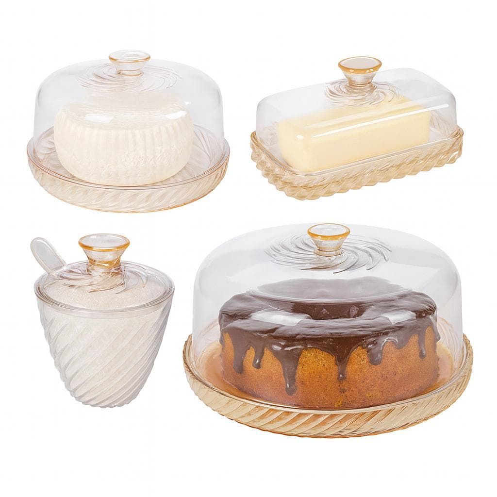 Kit Mesa Posta Queijeira Boleira Açucareiro Manteigueira Amarelo e Incolor Twist  4 Peças Plasútil