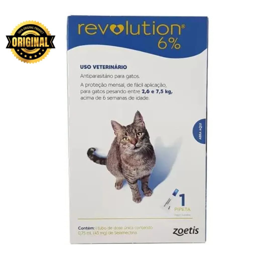 Revolution Gatos 6% 2,6 ate 7,5kg 0,75ml Antipulgas, Vermes, Sarnas, Piolhos, Proteje a ninhada, Carrapatos, Dermatite