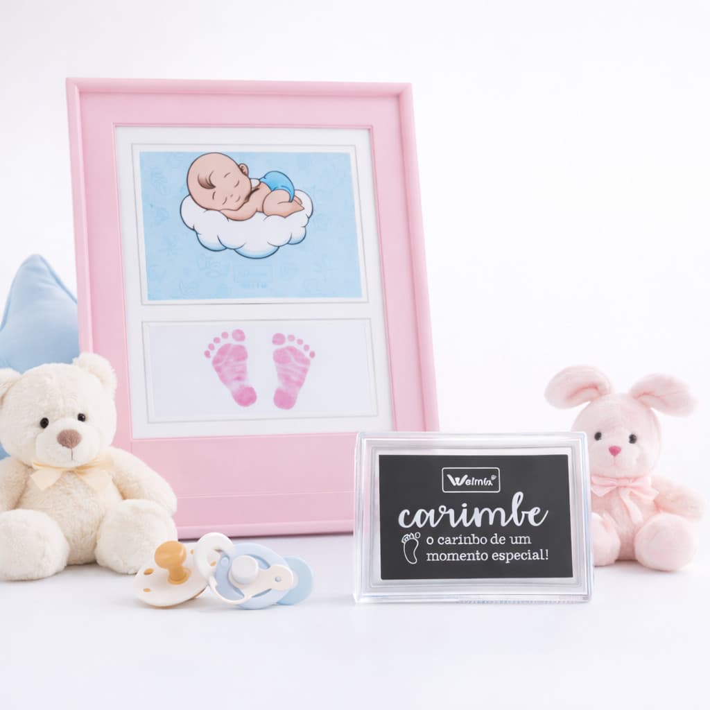 Porta Retrato de Bebê 10X15 Com Moldura De Plastico + Carimbeira Mãozinha e Pézinho