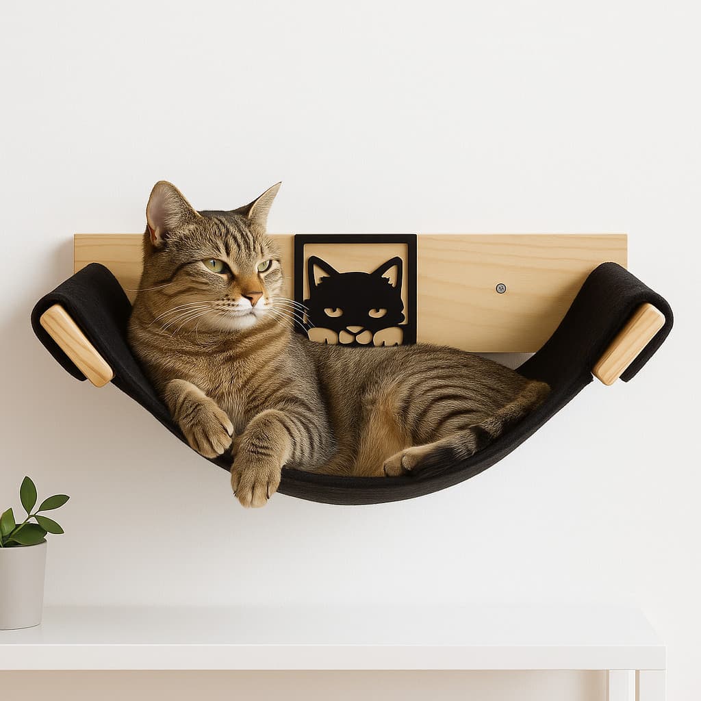 Cama Parede Gato Suspensa Pet Madeira Pinus Rede Preta