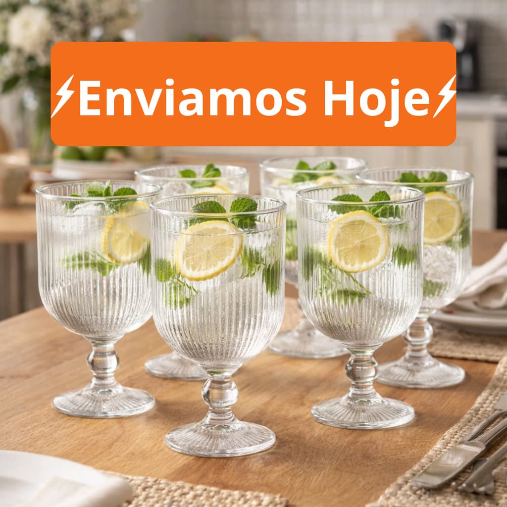 Jogo 6 Taças 350ml Vidro Grosso Canelada Elegante Agua