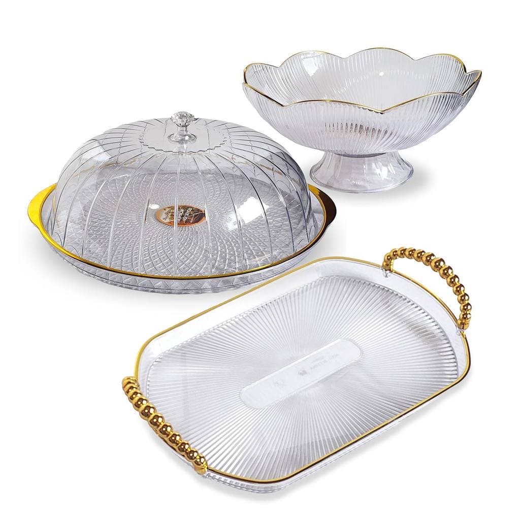 Kit Mesa Posta Boleira, Bandeja e Fruteira Acrílico Efeito Cristal Opção Grande ou Média