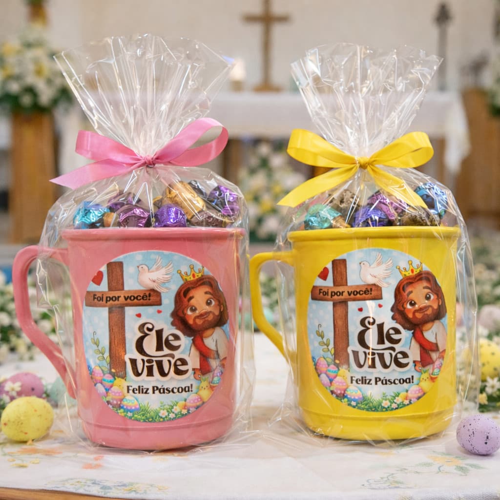 Kit lembrancinha feliz páscoa 50 canecas Jesus presente cristã igreja culto evangélico feliz páscoa