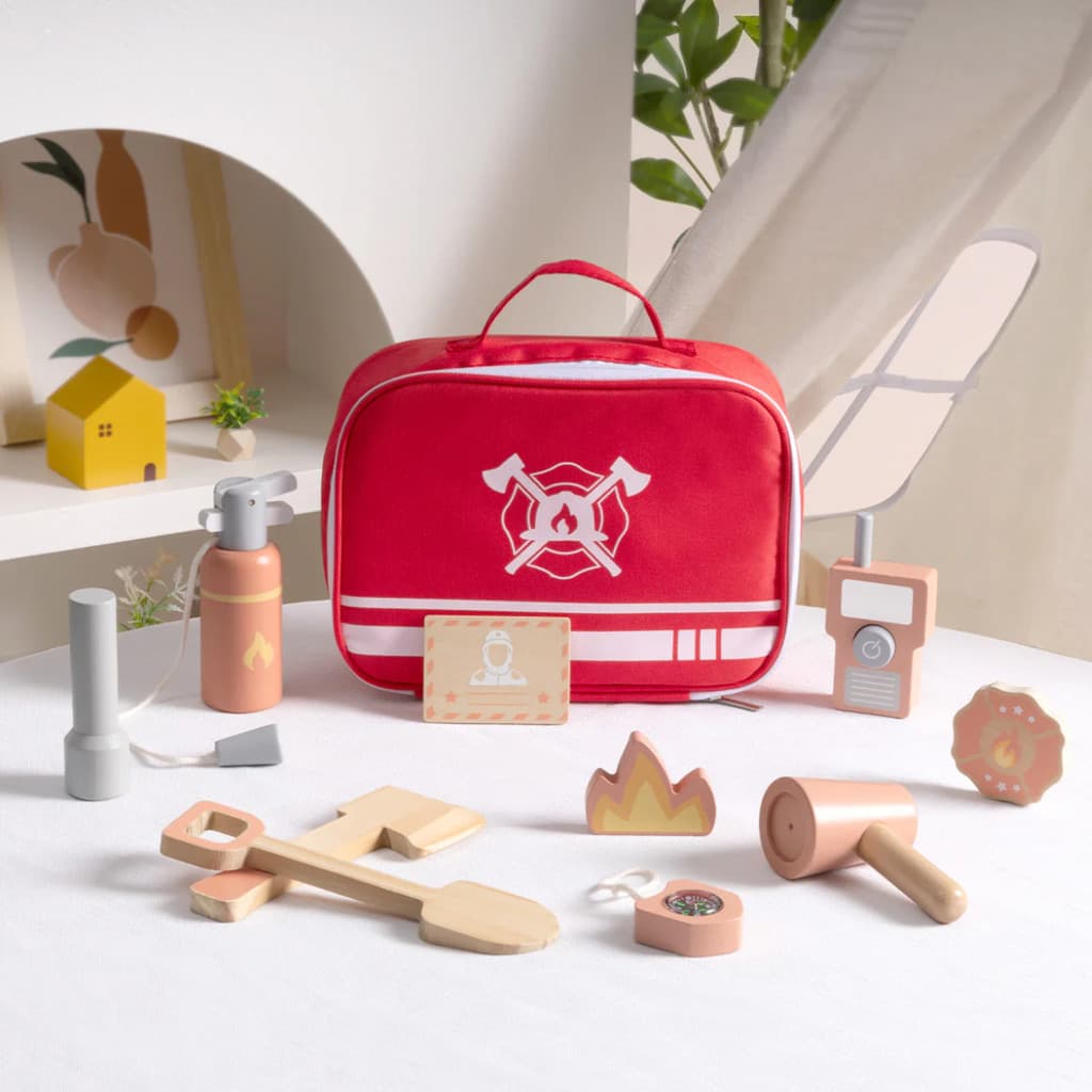 Kit Bombeiro em Madeira com Extintor Ferramentas Brinquedo Educativo Faz de Conta Profissões 3+
