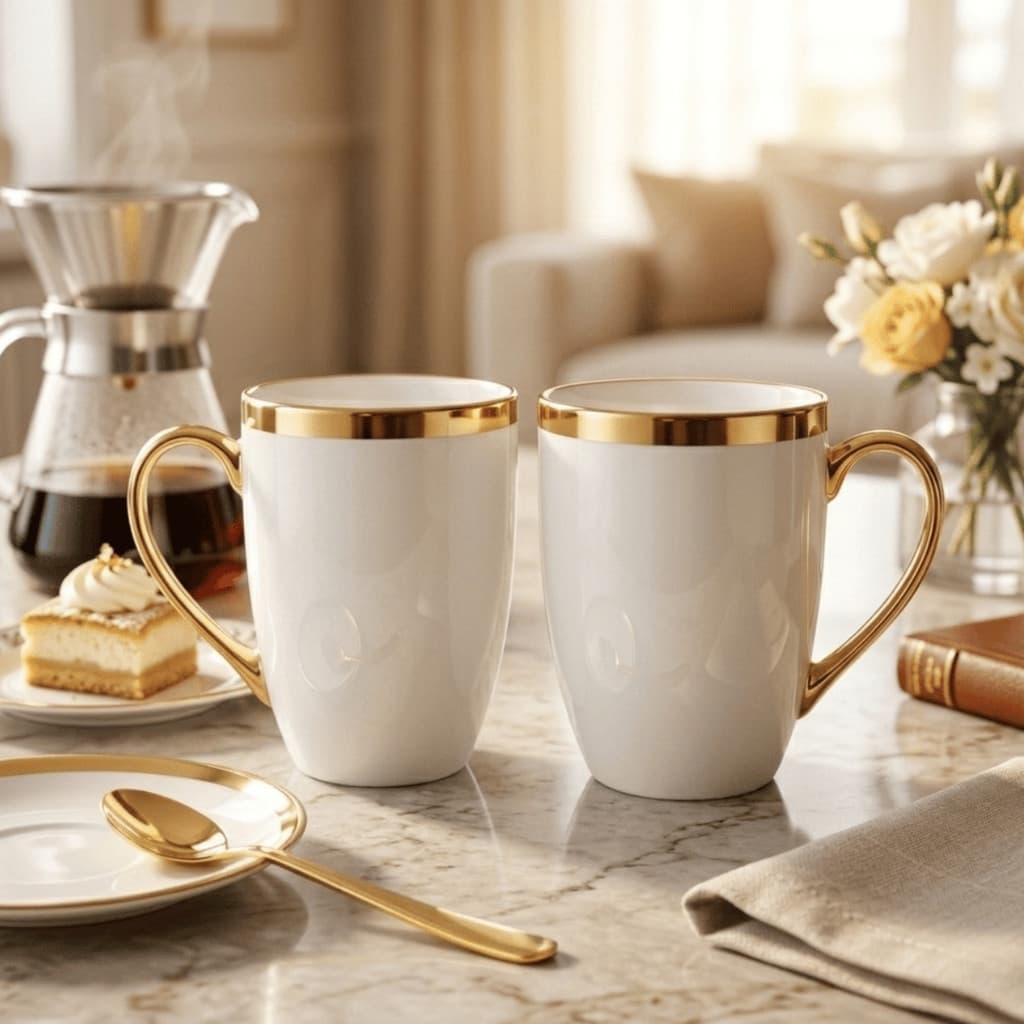 Jogo 2 Canecas Xícara de Porcelana 300ml Dourada Várias Estampas Luxo - Strong / Café, Chá / Cozinha