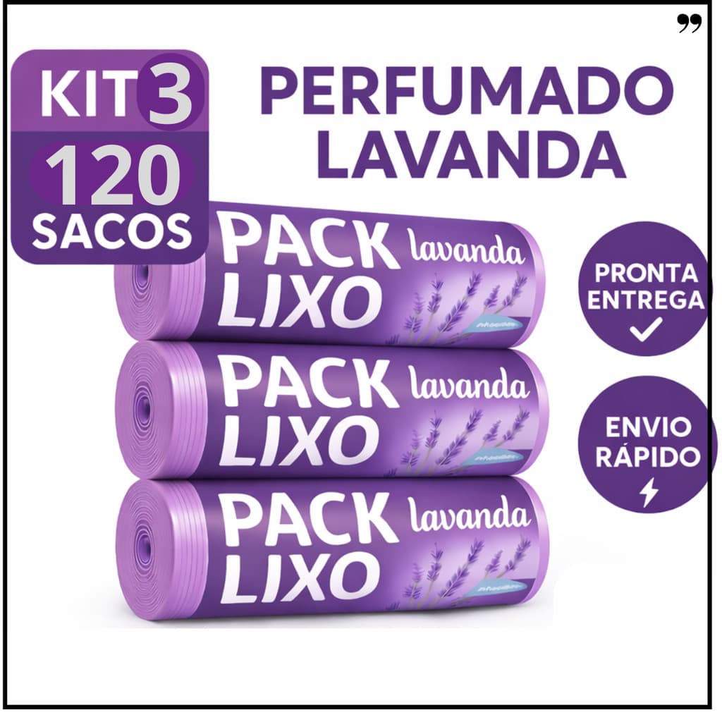 Sacos de Lixo Perfumados Lavanda | Kit 3 com 120 Sacos | Para Banheiro e Pia | 34x38cm | Neutraliza Odores
