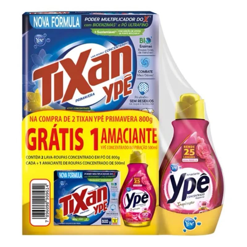 Kit 2 Sabão em Pó Tixan Ypê Primavera 800 g cada (1.6 kg) + Grátis Amaciante Concentrado 500 ml Mais por Menos
